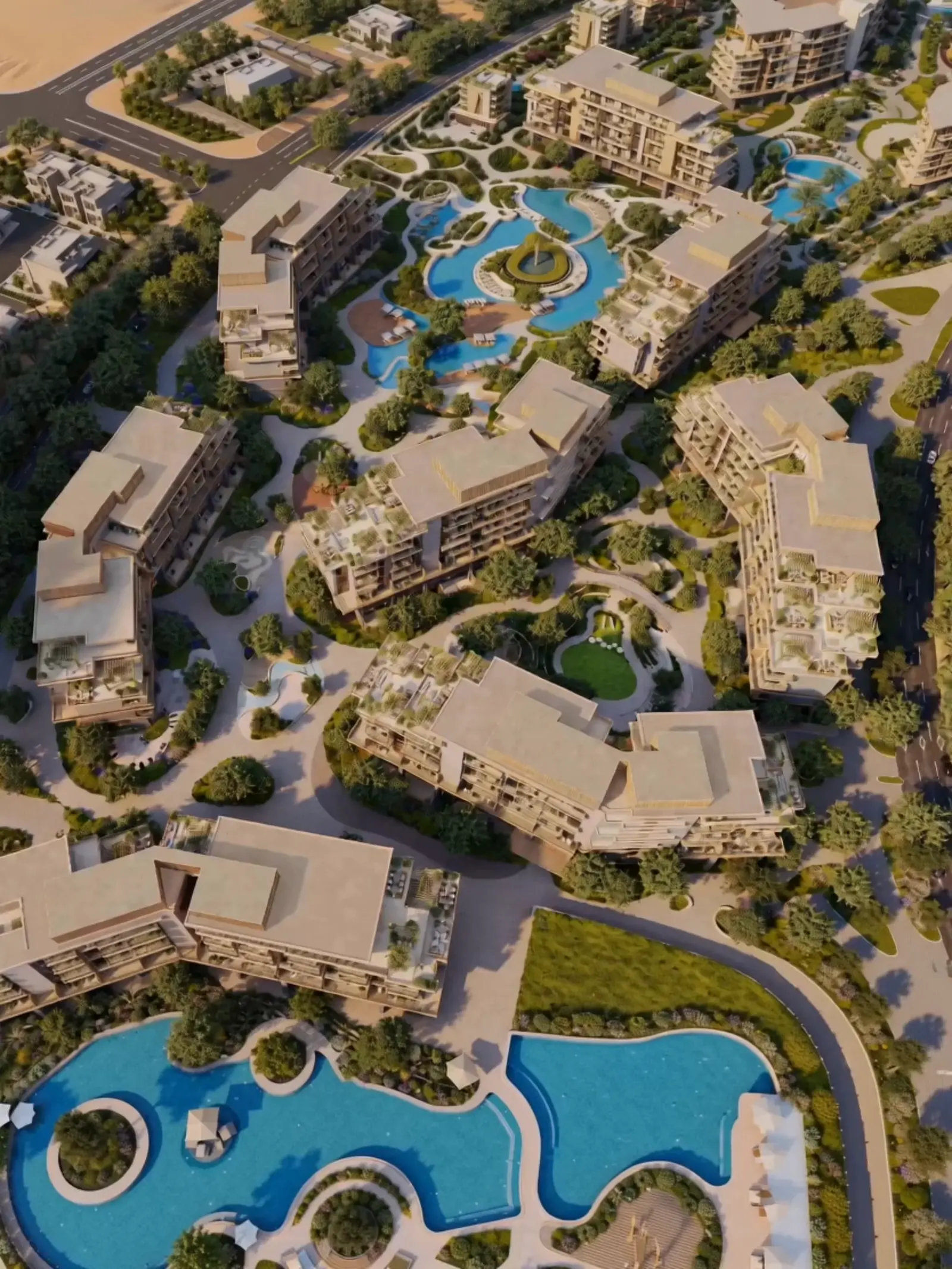 Aerial view of Arancia Yards, landscaped community with pools and gardens