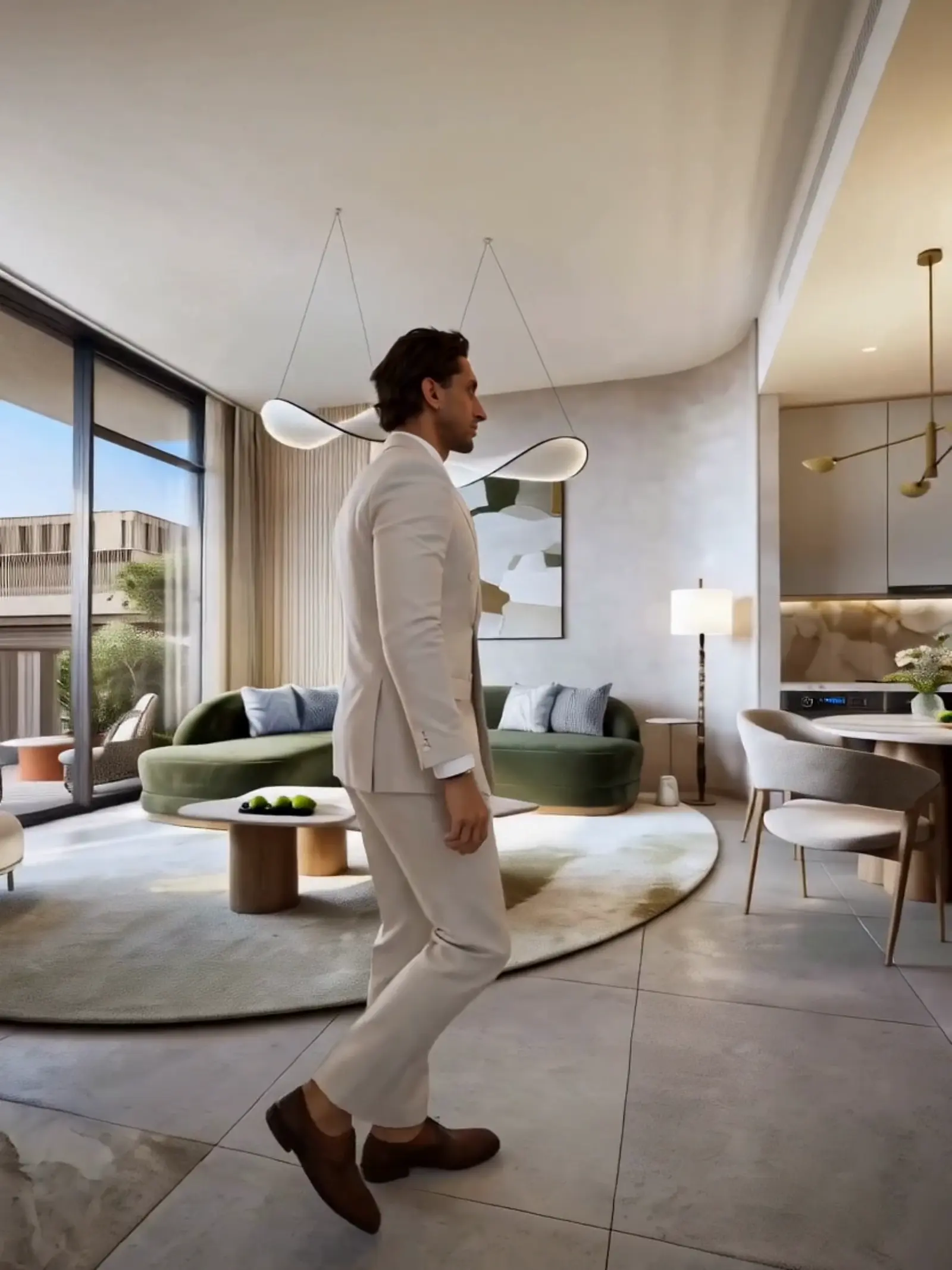 Interior living and dining space at Arancia Yards 2, with a resident on the balcony