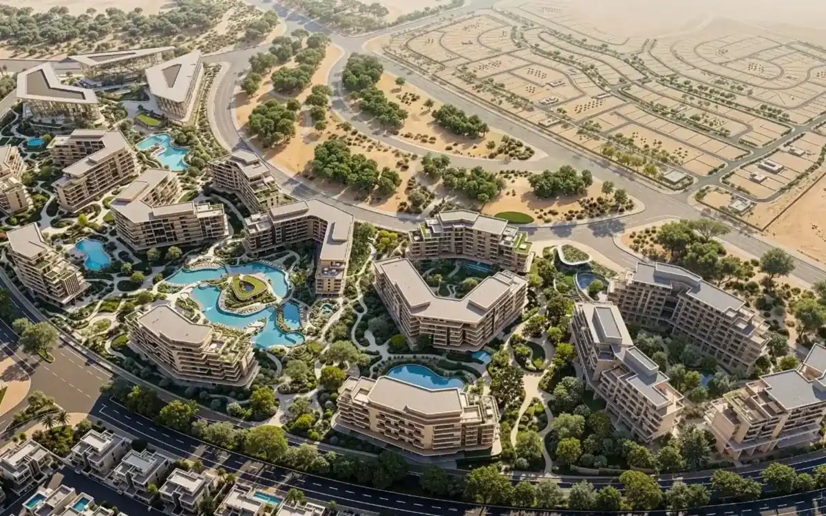 Arancia — aerial view of the landscaped community and lagoons at The Yards