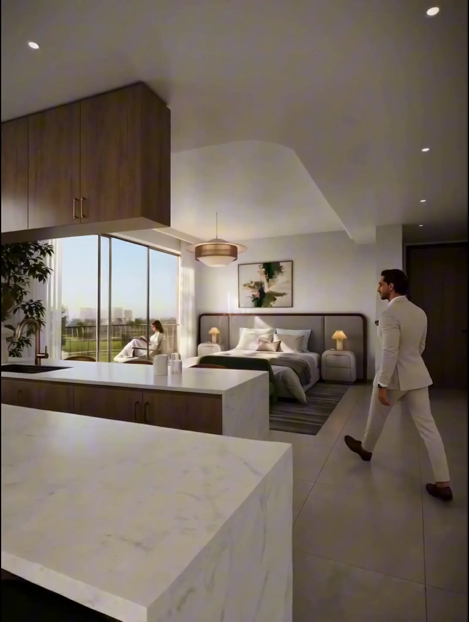 Interior of a Golf Vale apartment, kitchen and bedroom with golf course views through floor-to-ceiling windows