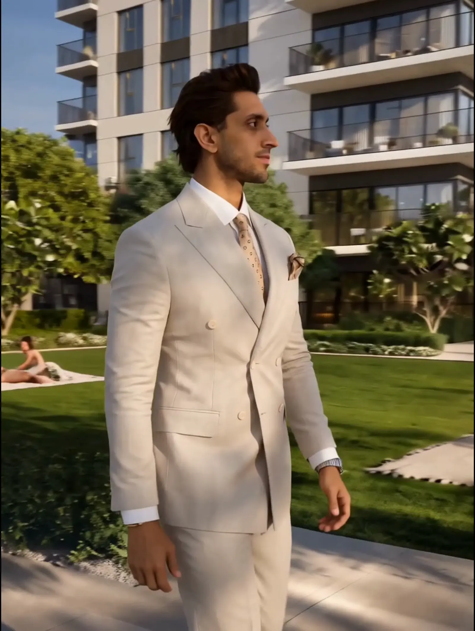Resident walking beside the infinity-edge pool at Golf Vale, golf course in the background