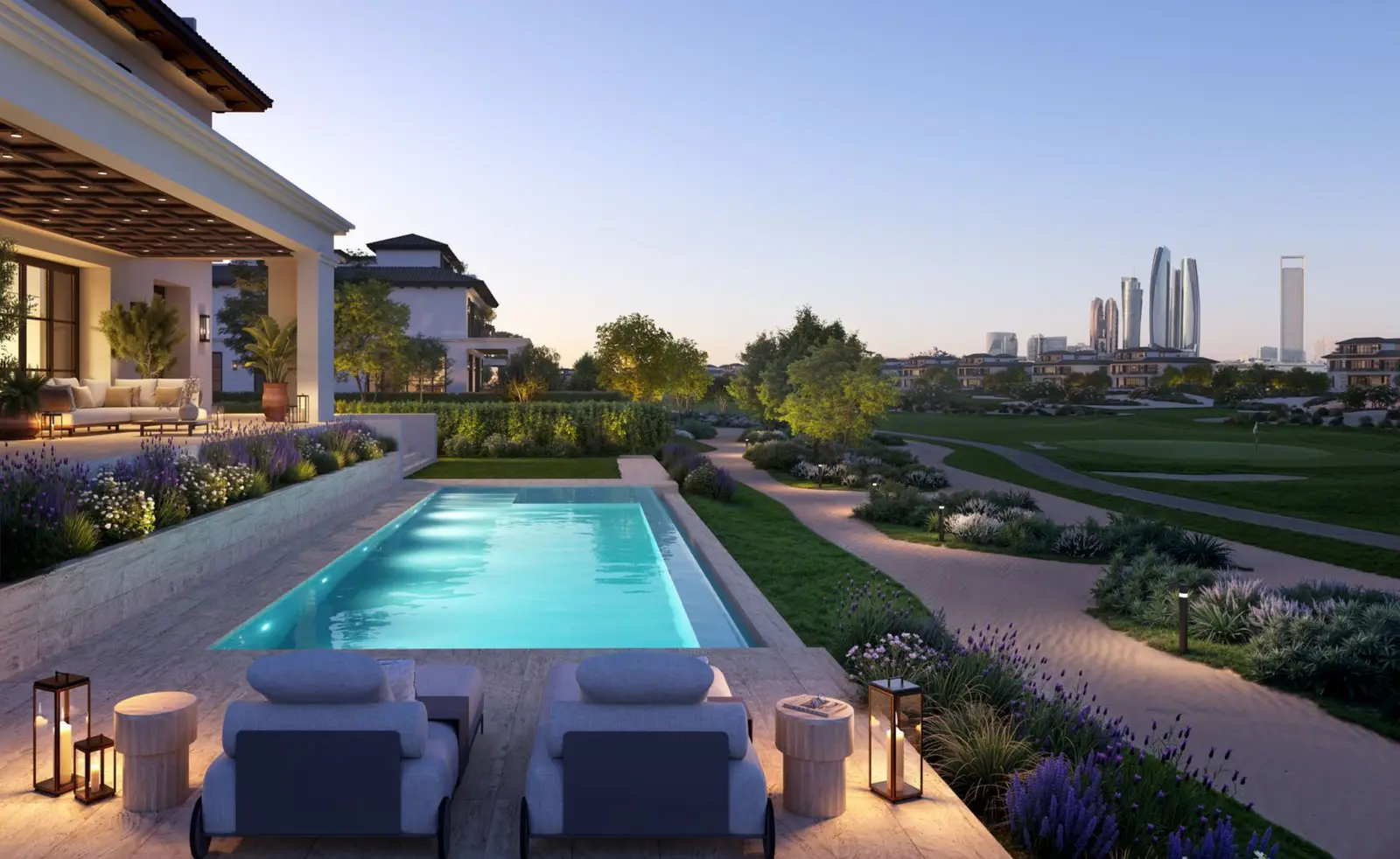 Villa pool terrace at dusk, lit interiors facing the golf course