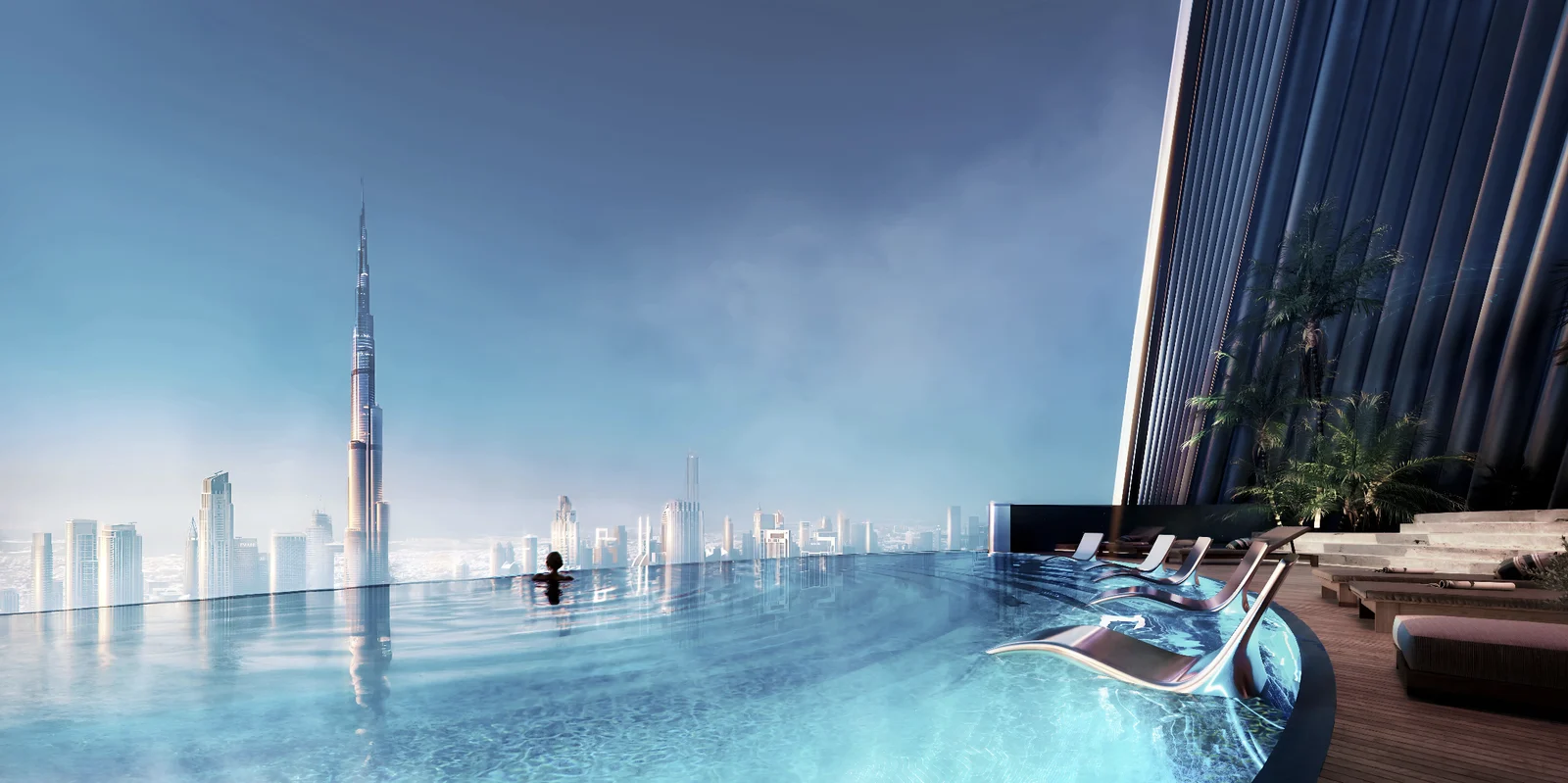 Developer illustration of the Mercedes-Benz Places pool terrace overlooking the Burj Khalifa