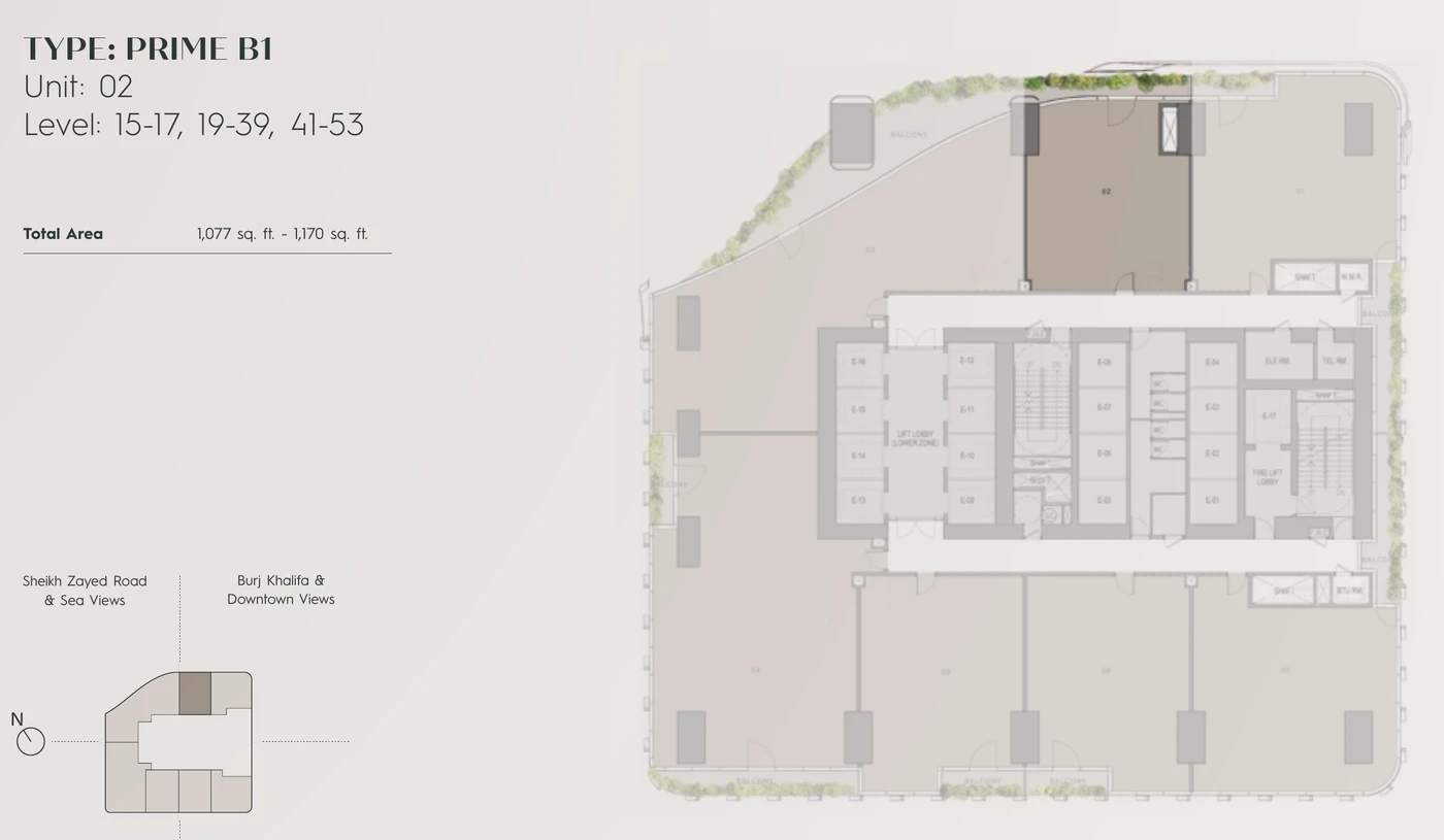 Floor plan for core office type Prime B1, unit 02: 1,077 to 1,170 sq ft on levels 15 to 17, 19 to 39 and 41 to 53, facing the Burj Khalifa and Downtown