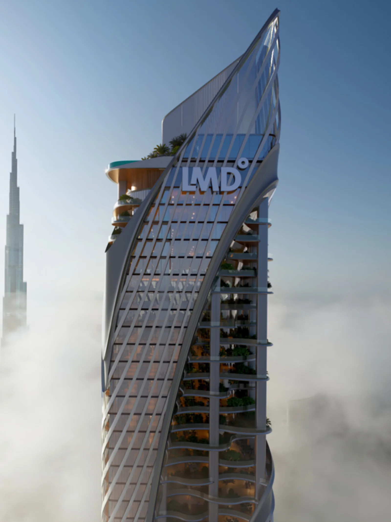 Christian A. Rockefeller Business Tower rising above the clouds beside the Burj Khalifa, developer render