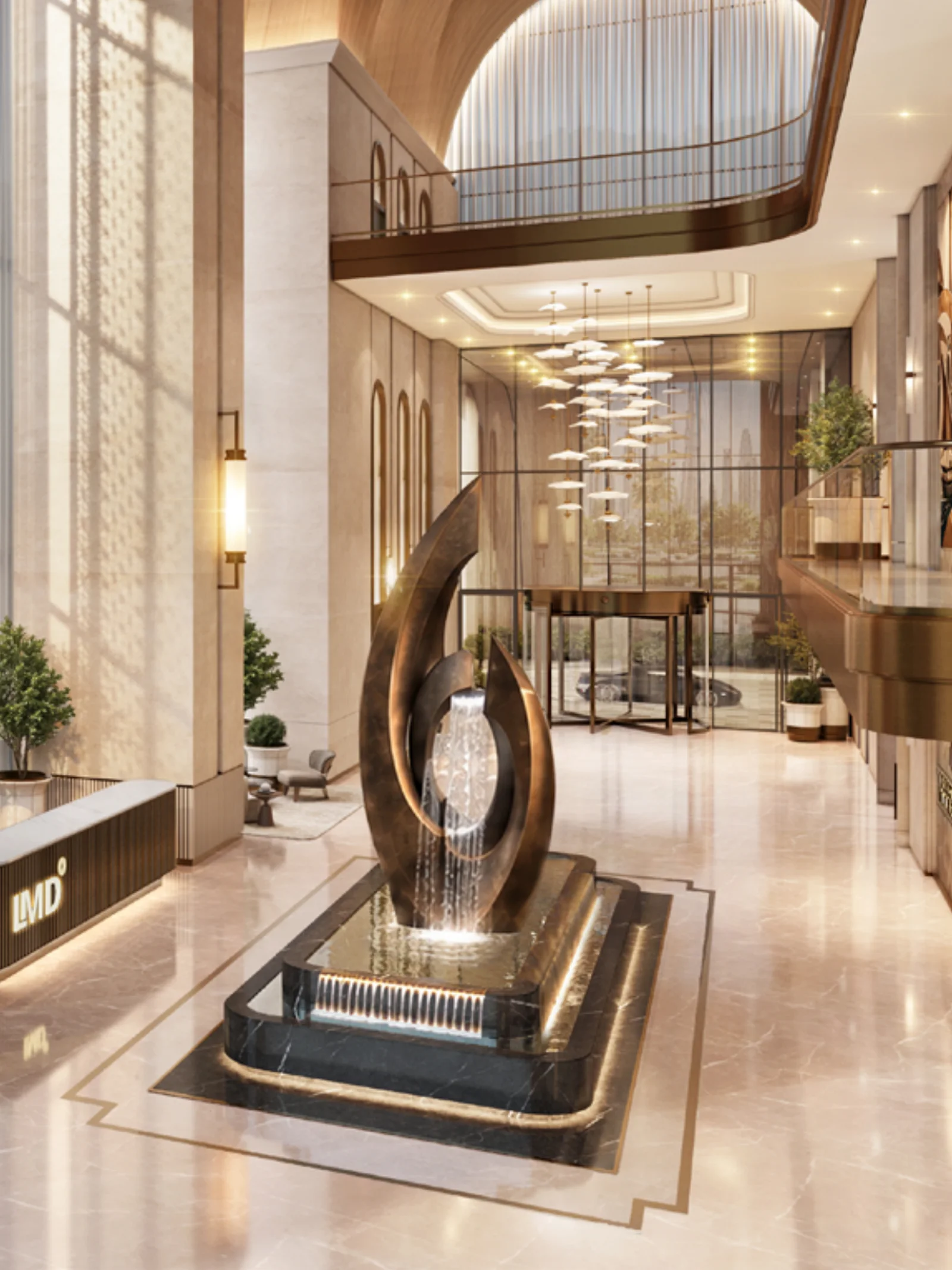 Double-height lobby with a bronze water sculpture at Christian A. Rockefeller, developer render
