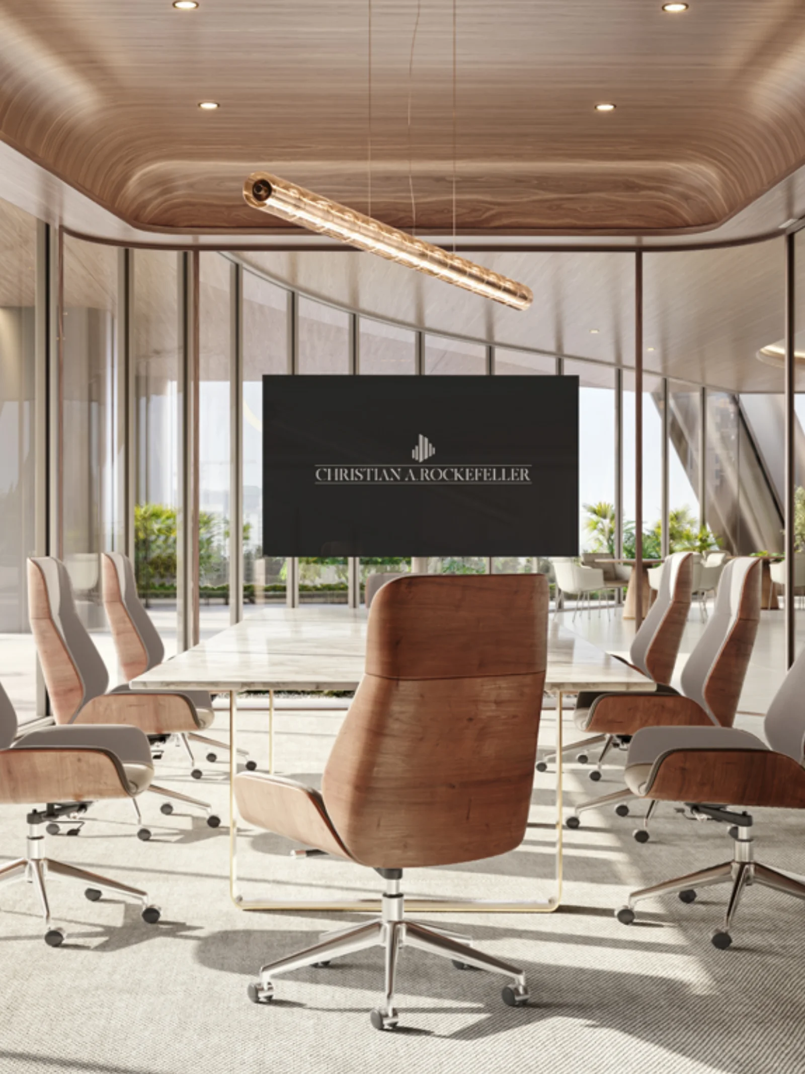 Boardroom with a glass wall and the Christian A. Rockefeller logo on screen, developer render