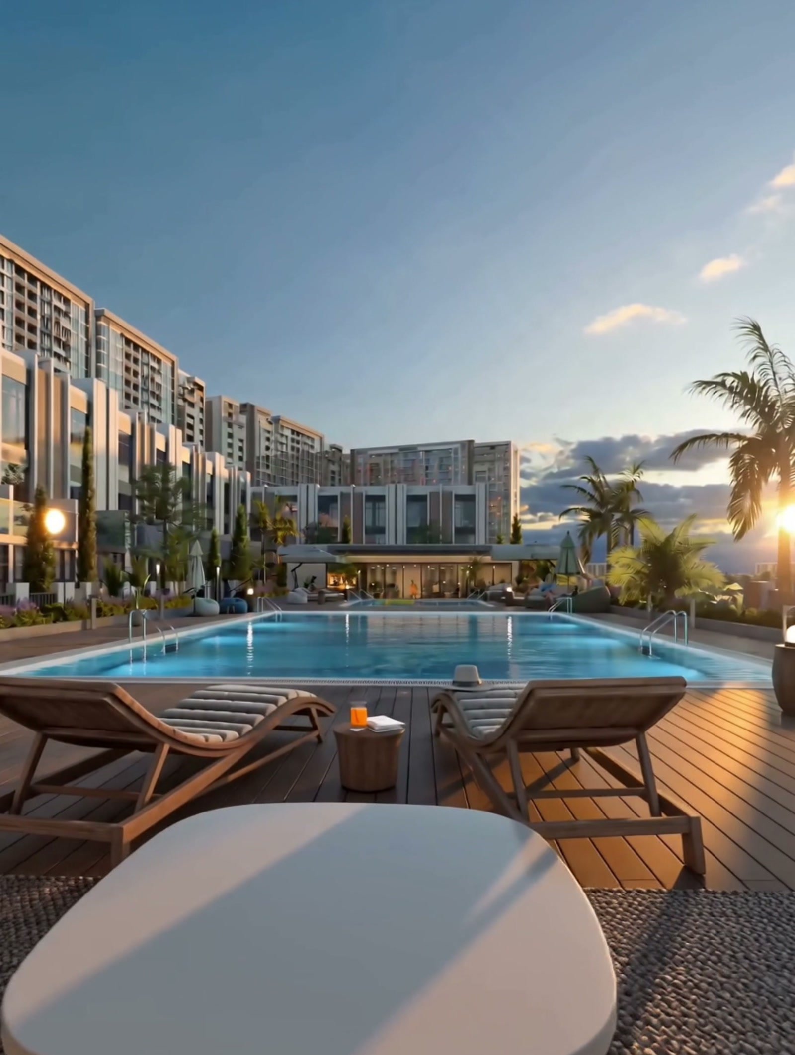 The large swimming pool at Verdana in the late afternoon, timber deck and sun loungers in the foreground with townhouses and apartment buildings beyond